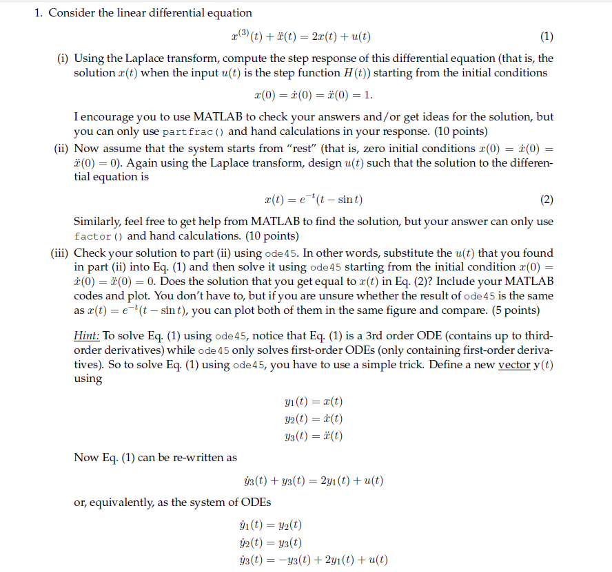 Solved 1. Consider the linear differential equation T3) | Chegg.com