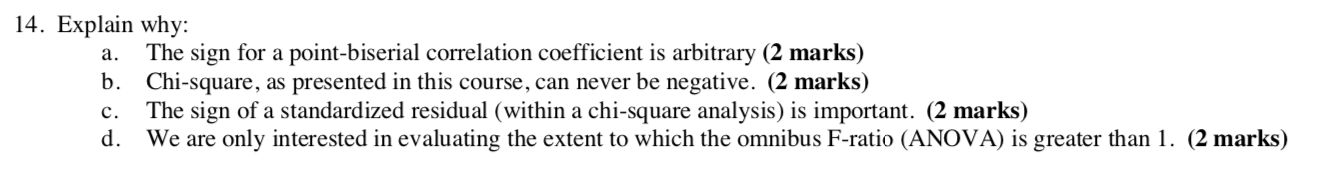 Solved 14. Explain why: a. The sign for a point-biserial | Chegg.com