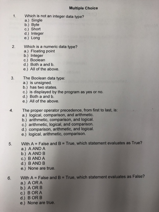 Solved Multiple Choice 1. Which is not an integer data type? | Chegg.com