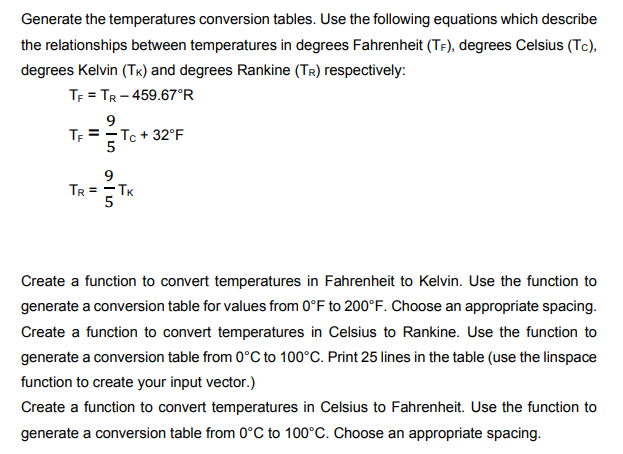 Solved Generate the temperatures conversion tables. Use the | Chegg.com