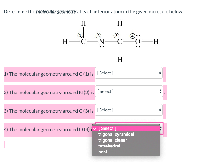 Solved Determine the molecular geometry at each interior | Chegg.com