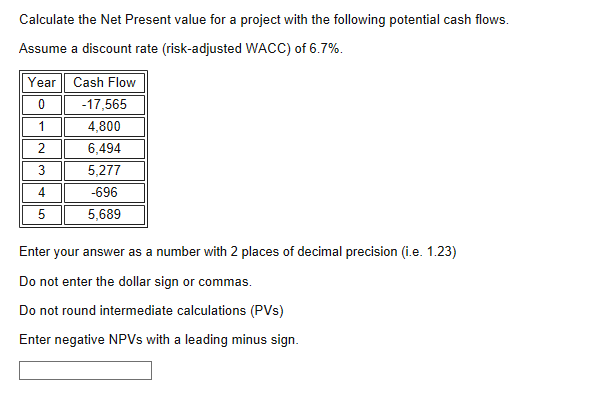 Solved Calculate the Net Present value for a project with | Chegg.com