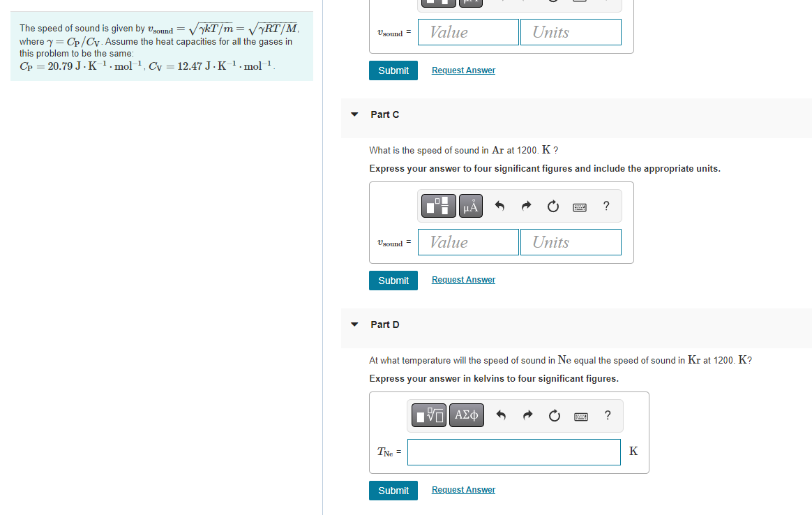 Solved The speed of sound is given by vsound =γkT/m=γRT/M, | Chegg.com