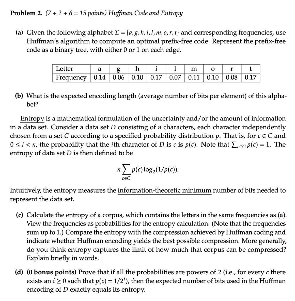 Solved Problem 2. (7 +2+6=15 Points) Huffman Code And | Chegg.com