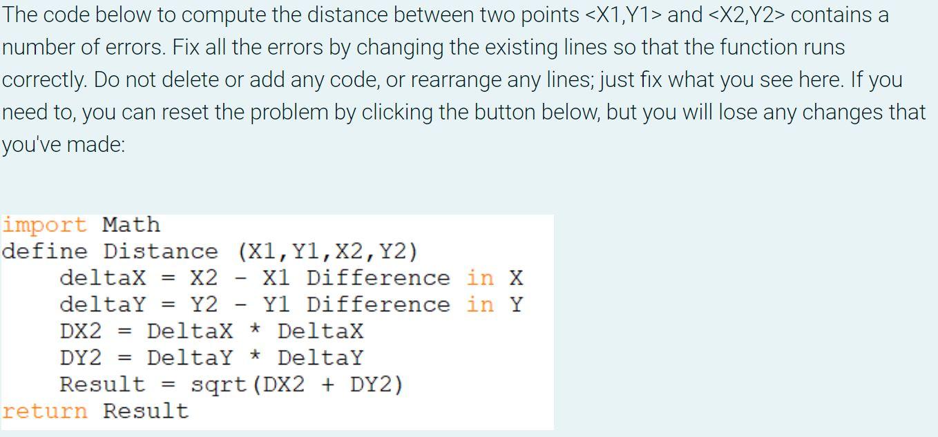 Solved The code below to compute the distance between two | Chegg.com