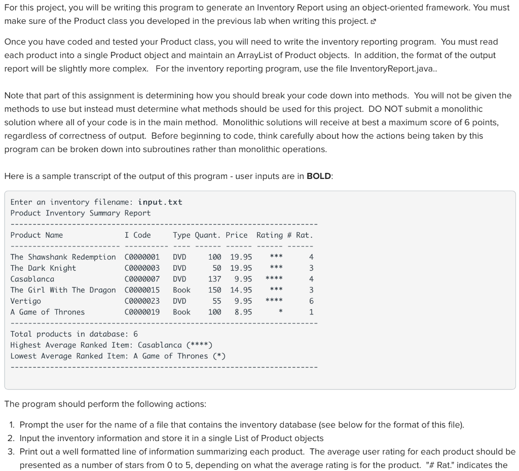 Solved For this project, you will be writing this program to | Chegg.com