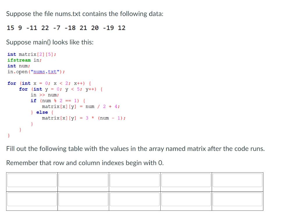 Solved Finish the C++ code. Suppose the file nums.txt | Chegg.com