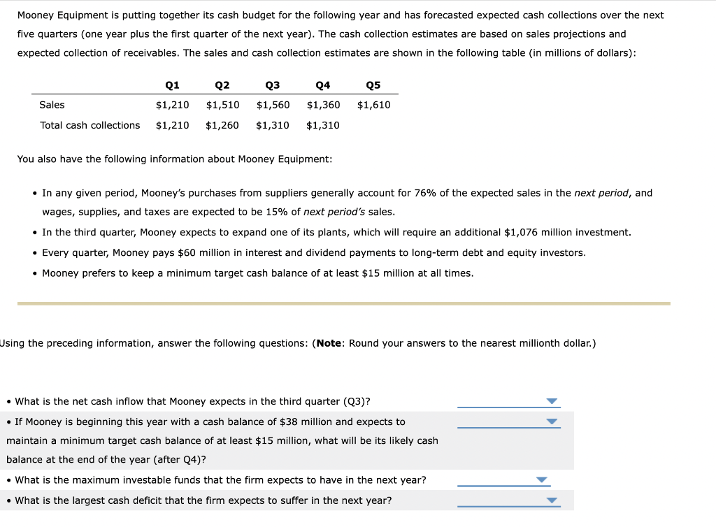 Solved Mooney Equipment is putting together its cash budget | Chegg.com