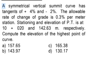 Solved A symmetrical vertical summit curve has tangents of + | Chegg.com