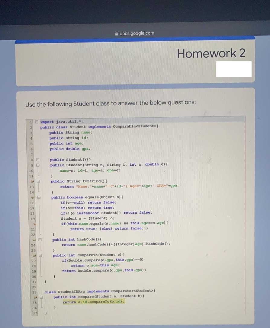 Solved docs.google.com Homework 2 Use the following Student | Chegg.com