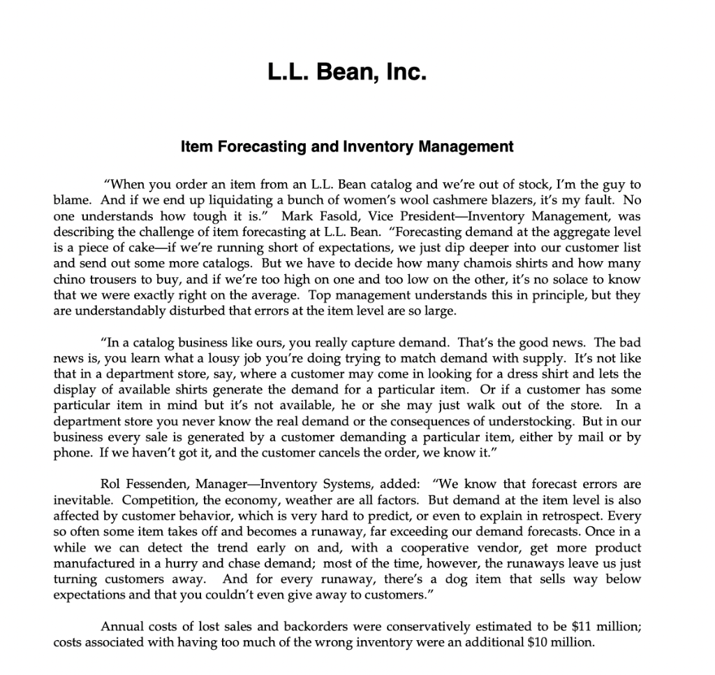 Solved L.L. Bean, Inc. Item Forecasting and Inventory