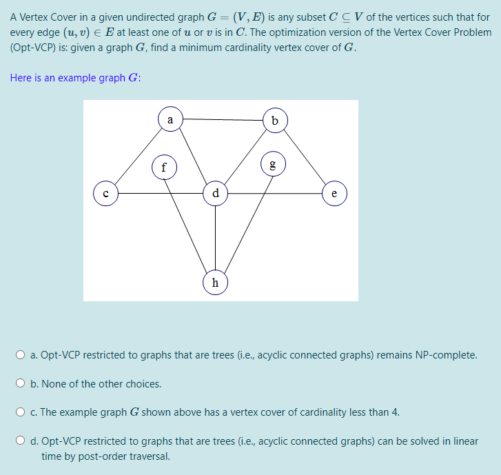 Solved A Vertex Cover in a given undirected graph G = (V, E) | Chegg.com