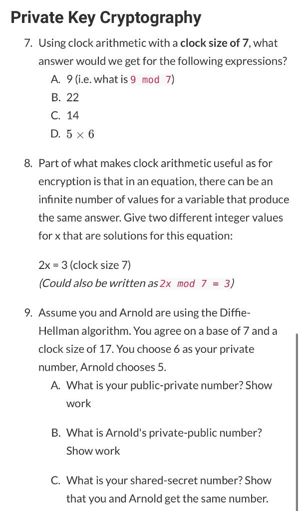 Solved 7. Using clock arithmetic with a clock size of 7 ,
