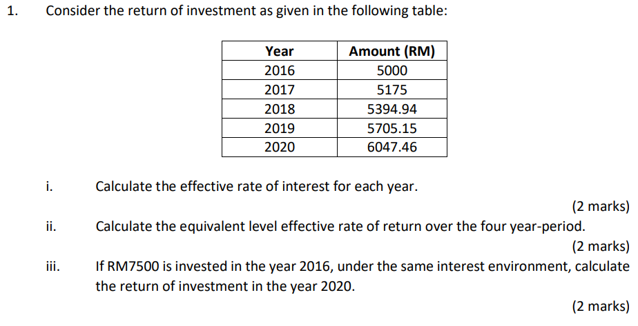 Solved Consider The Return Of Investment As Given In The | Chegg.com