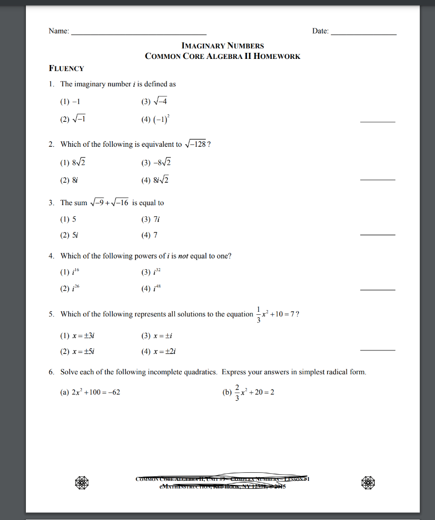 imaginary numbers common core algebra ii homework
