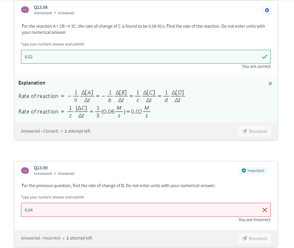 Solved Q13.08 Homework. Answered For the reaction A + 2B+3C, | Chegg.com