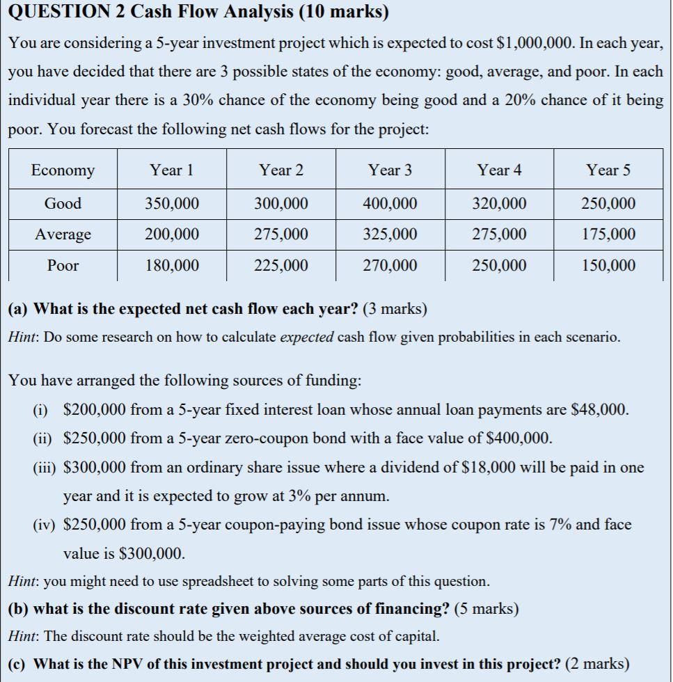 Solved Question 2 Cash Flow Analysis 10 Marks You Are 3694