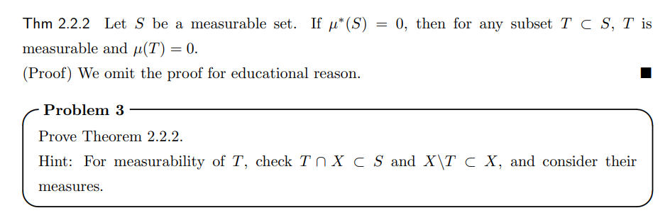 Solved Thm 2.2.2 Let S be a measurable set. If μ∗(S)=0, then | Chegg.com