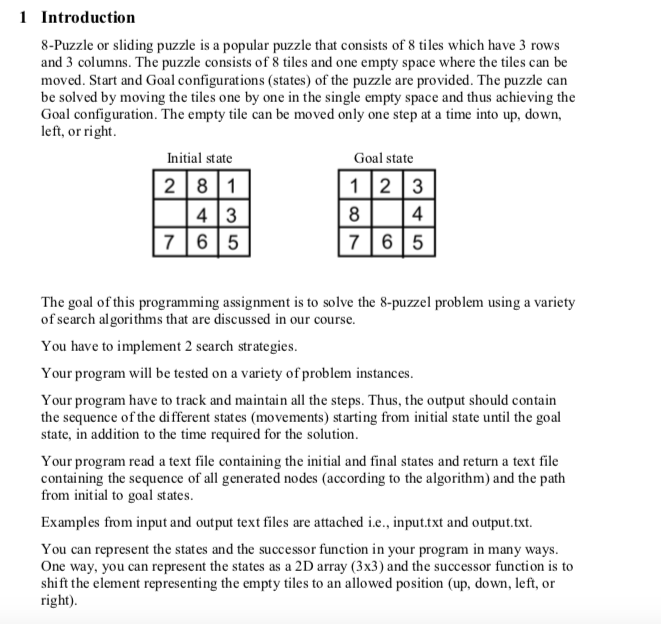 1 Introduction 8- Puzzle or sliding puzzle is a | Chegg.com