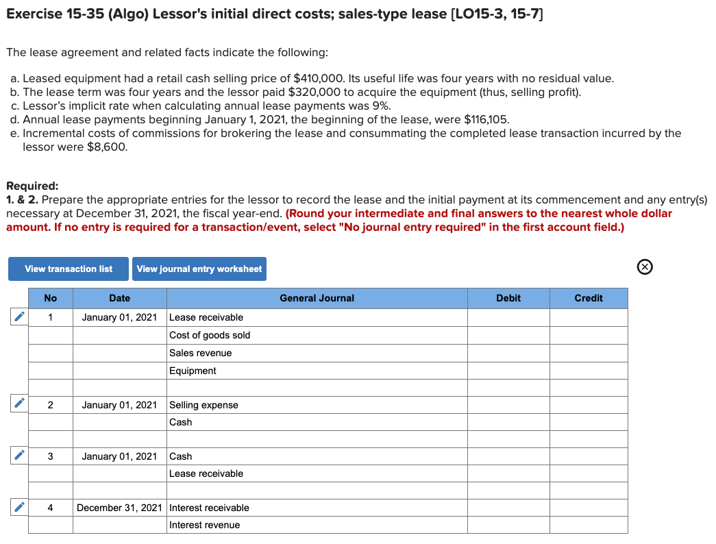 Solved Exercise 15-35 (Algo) Lessor's initial direct costs; | Chegg.com