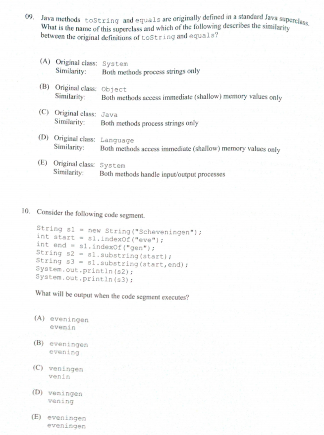 Solved 09. Java methods toString and equals are originally | Chegg.com