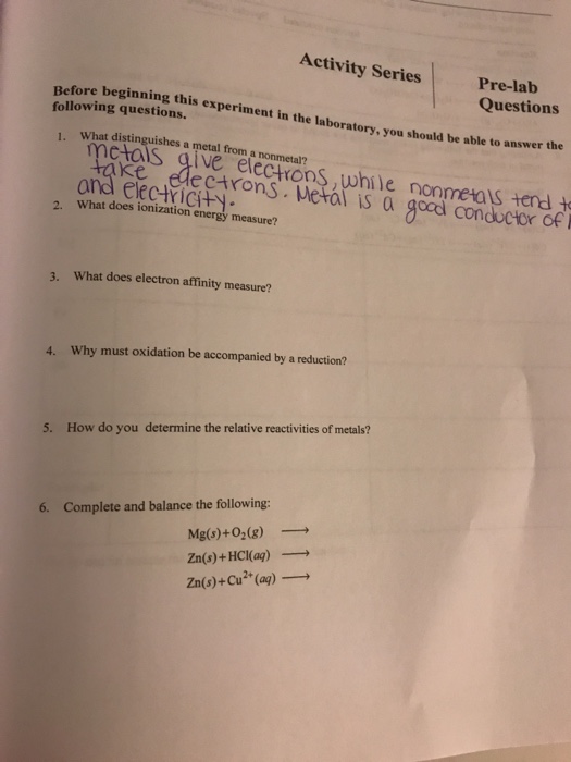 Solved Activity Series Pre-lab Questions beginning this | Chegg.com