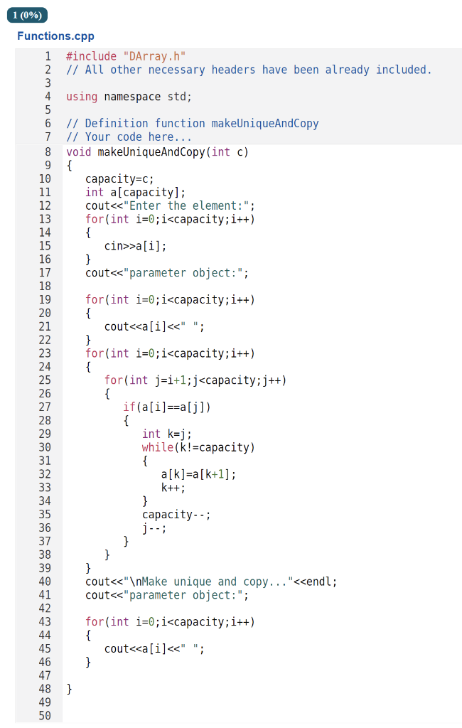 Solved Implement the function makeUniqueAndCopy() as a | Chegg.com