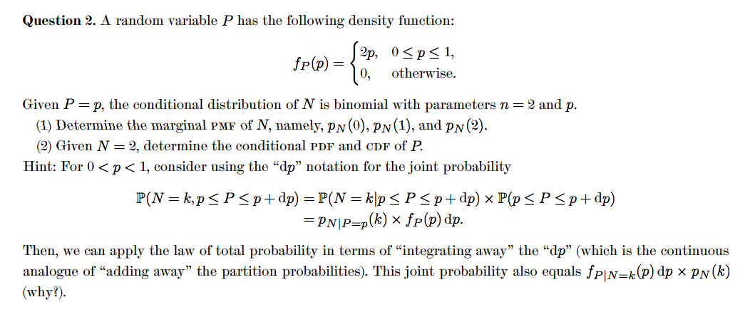 Question 2. A random variable P has the following | Chegg.com