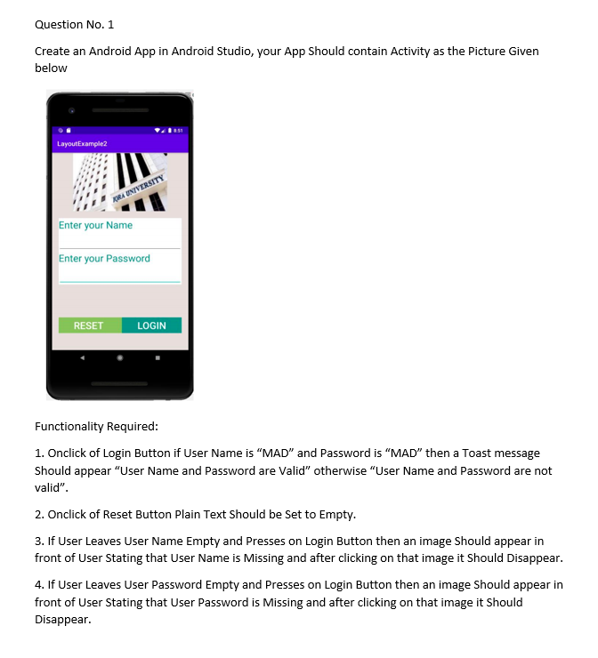 Solved Question No. 1 Create an Android App in Android 