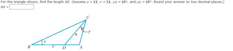 Solved For the triangle shown, find the length AD. (Assume u | Chegg.com