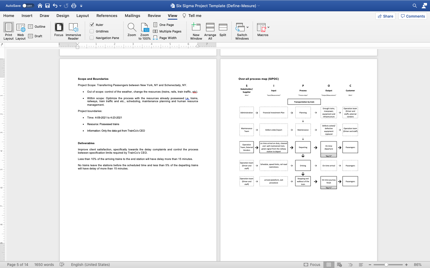 Solved AutoSave OFF ñ Suo W Six Sigma Project Template | Chegg.com