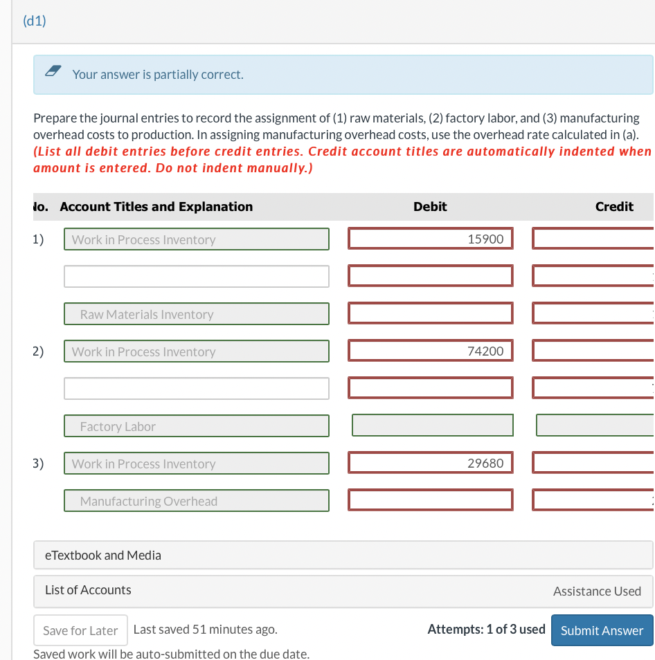 Solved (d1) Your answer is partially correct. Prepare the | Chegg.com