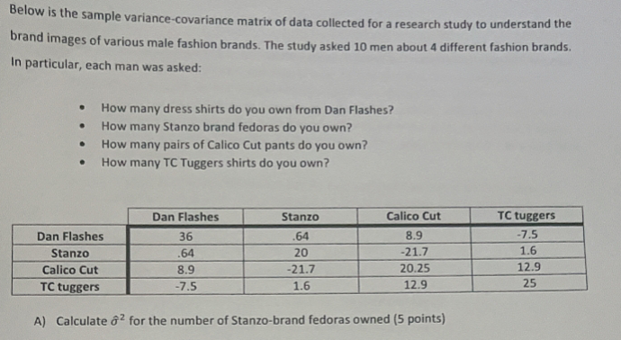 Solved Below Is The Sample Variance Covariance Matrix Of