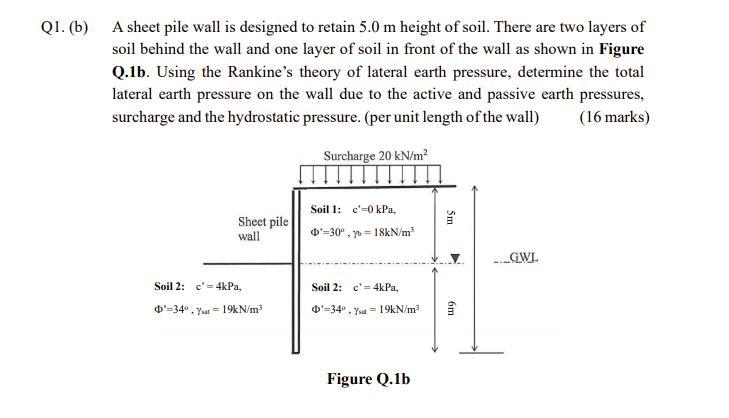 Solved Q1. (b) A sheet pile wall is designed to retain 5.0 m | Chegg.com