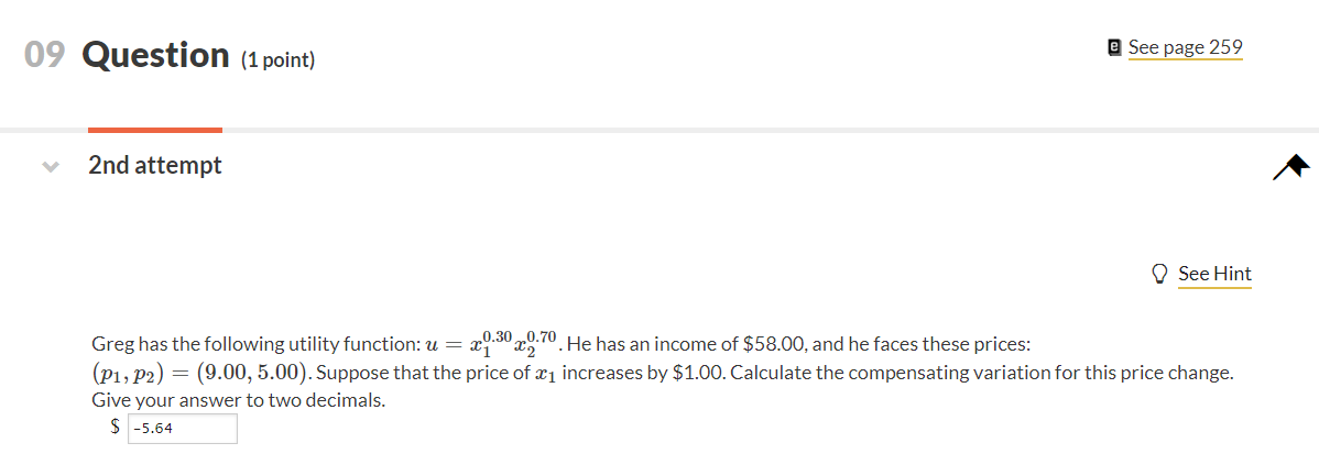 Solved 09 Question (1 point) e See page 259 2nd attempt See | Chegg.com