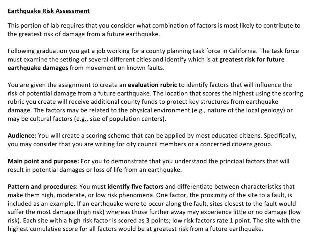 Solved Earthquake Risk Assessment This portion of lab