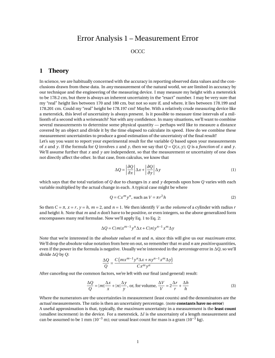 Solved Error Analysis 1 - Measurement Error OCCC 1 Theory In | Chegg.com