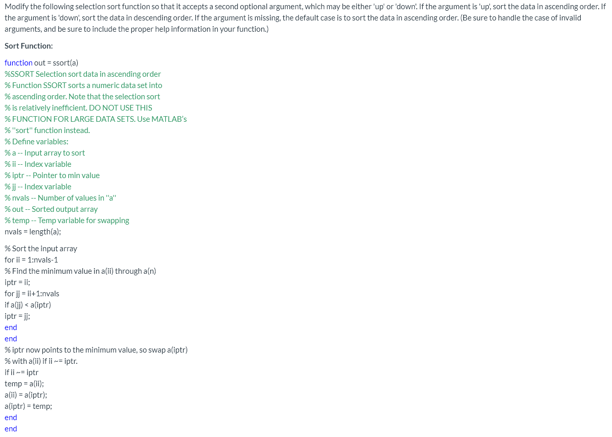 Solved Modify the following selection sort function so that | Chegg.com