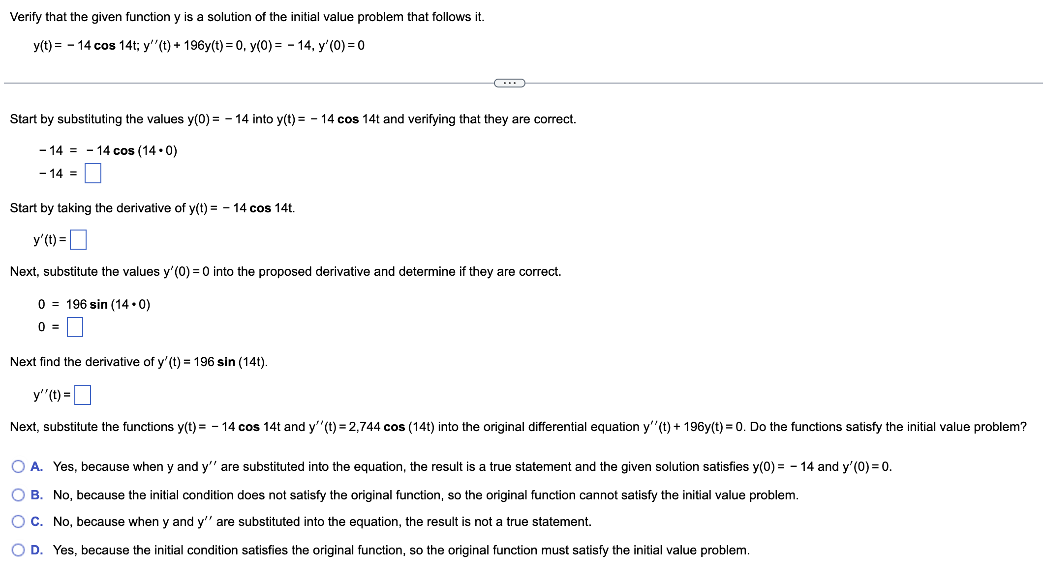 Solved Verify that the given function y is a solution of the | Chegg.com