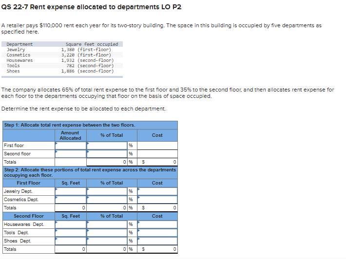 Solved QS 22-7 Rent expense allocated to departments LO P2 A | Chegg.com