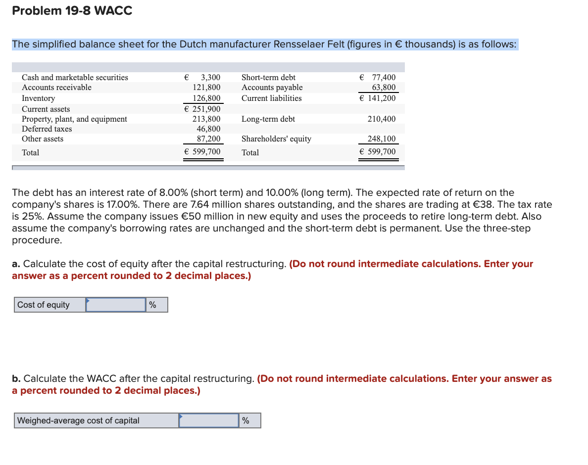 Solved Problem 19-8 WACC The simplified balance sheet for | Chegg.com