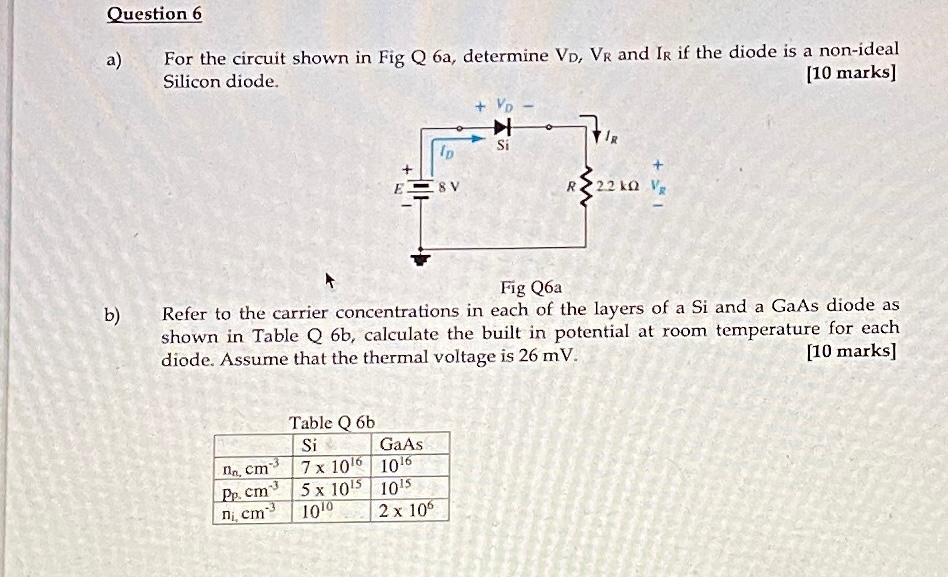 a) For the circuit shown in Fig \( Q 6 a \), determine \( V_{D}, V_{R} \) and \( I_{R} \) if the diode is a non-ideal Silicon