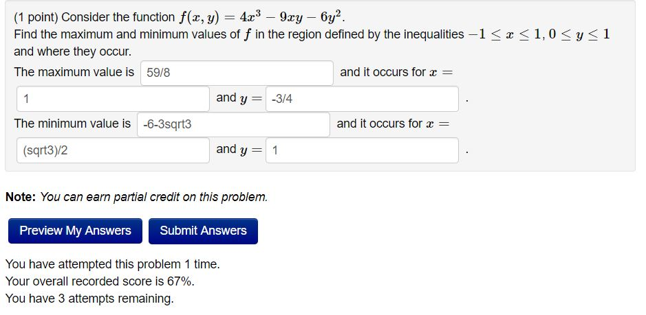 Solved (1 point) Consider the function | Chegg.com