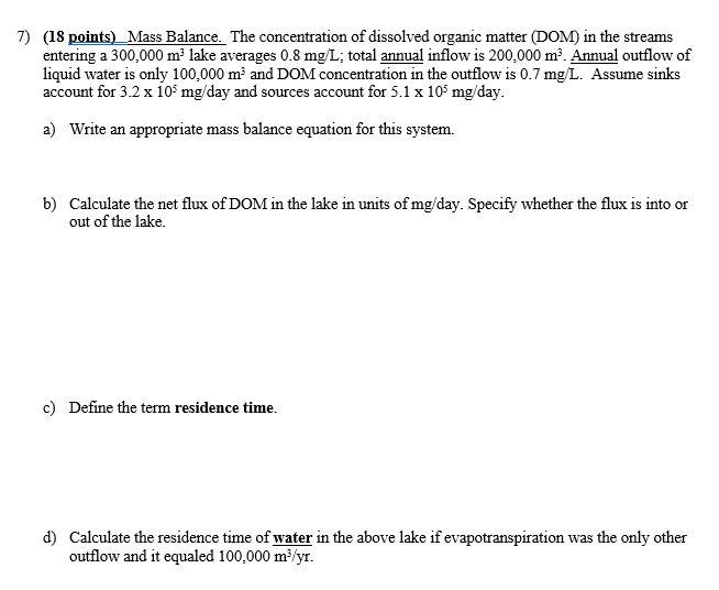 Solved 7) (18 points) Mass Balance. The concentration of | Chegg.com