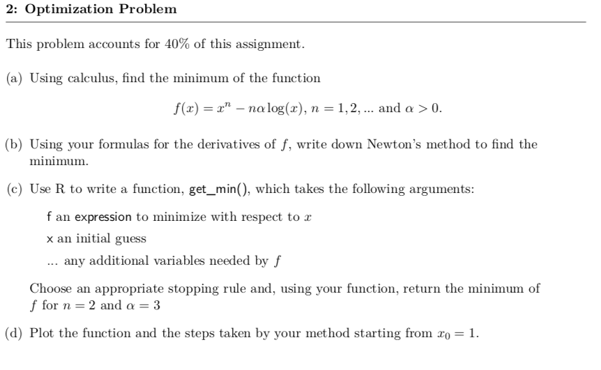 Solved 2: Optimization Problem This problem accounts for 40% | Chegg.com