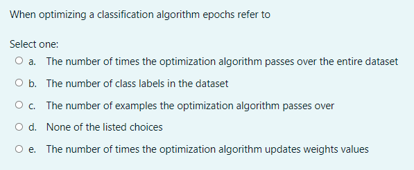 Solved When optimizing a classification algorithm epochs | Chegg.com