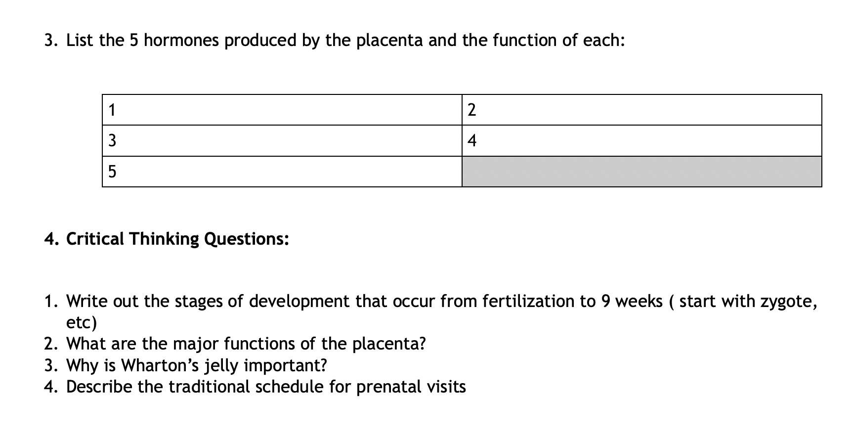 Solved 3. List the 5 hormones produced by the placenta and