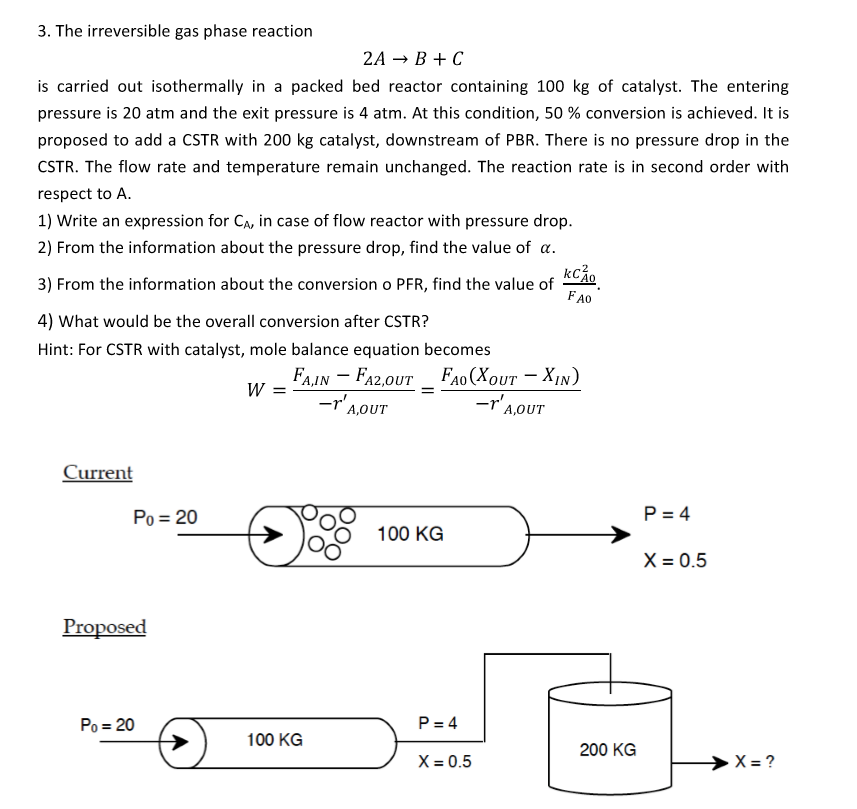 3. The Irreversible Gas Phase Reaction 2A → B+C Is | Chegg.com