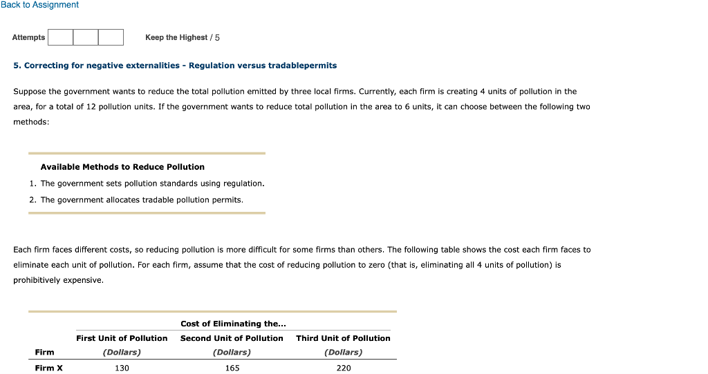 5. Correcting for negative externalities - Regulation versus tradablepermits
Suppose the government wants to reduce the total