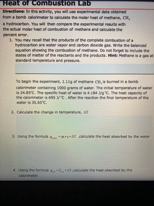 Solved Heat of Combustion Lab Directions In this activity,